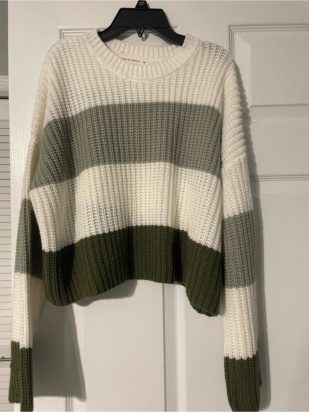 Striped Knit Crewneck Sweater in Cream and Olive- 0455 - Picture 2 of 4